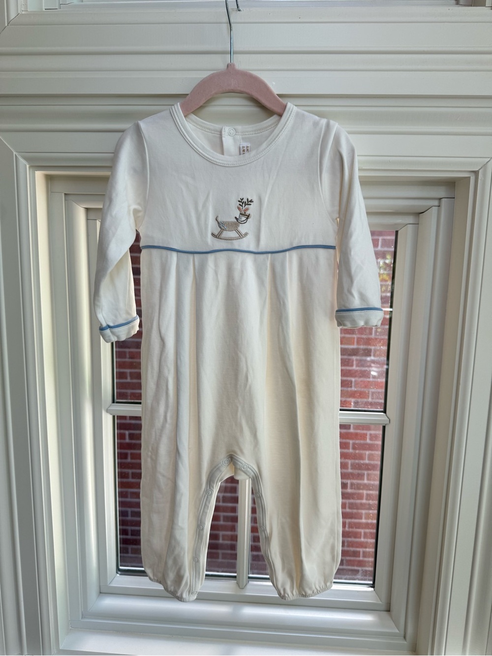 The Beaufort Bonnet Company Cream Footie with Blue Trim and Rocking Horse